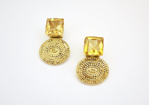 Glamorous, square faceted citrine, gold-plated rava/granulation work earrings