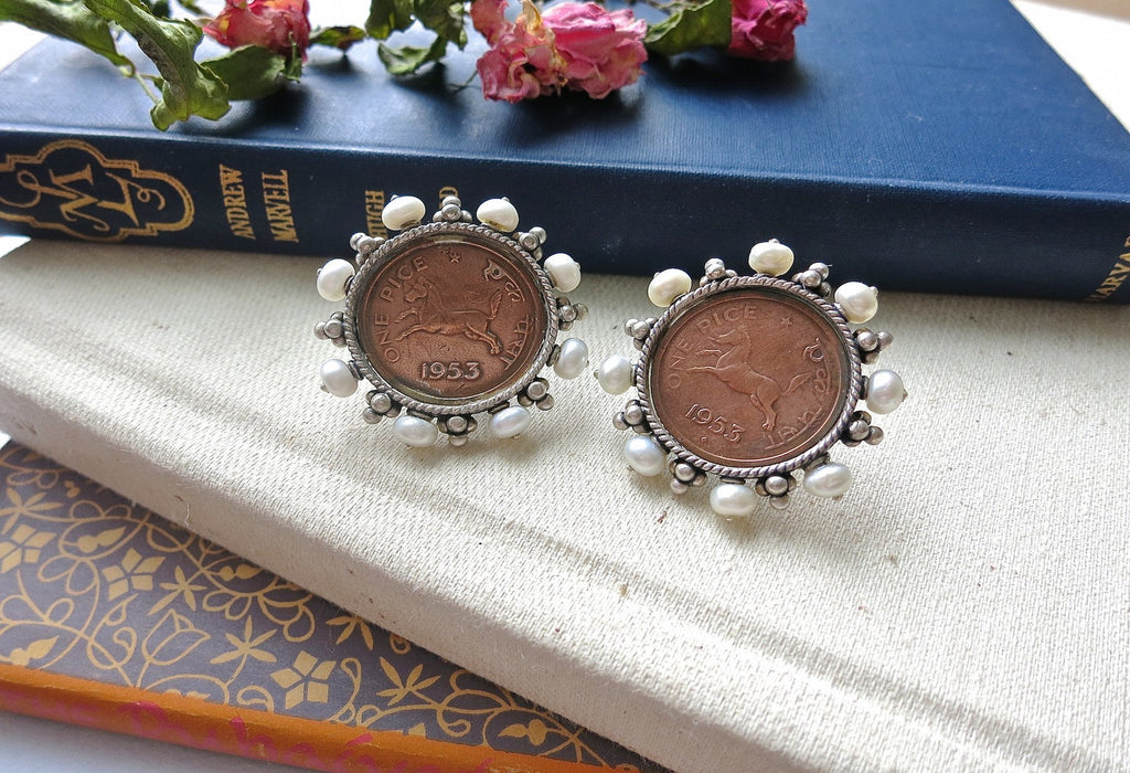 Glamorous vintage Indian coin studs with pearl frame work set in silver ...