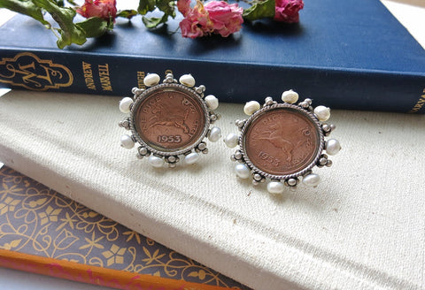 Glamorous, vintage Indian-coin studs with pearls