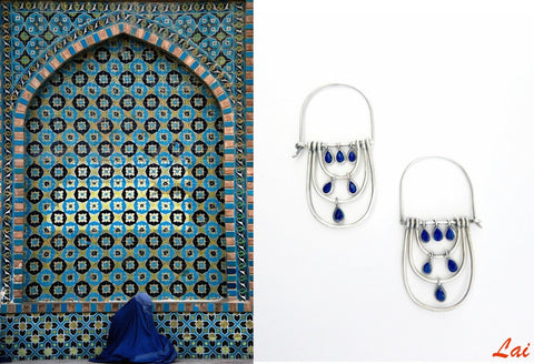 Glamorously chic, elongated hoops with faceted lapis drops - Lai