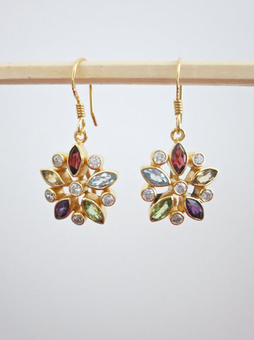 Gold-plated, classic, floral multi-color gemstones earrings