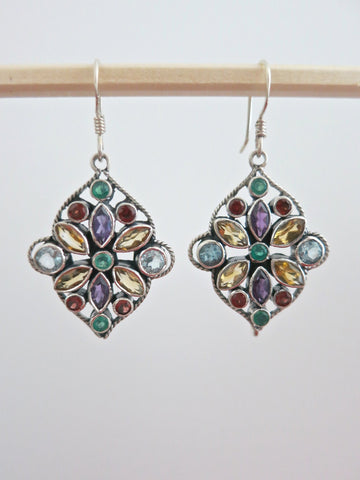 Gorgeous, artistic multi-color gemstones dangle earrings