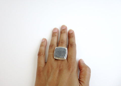 Gorgeous, beaded texture, square, sterling silver locket ring - Lai