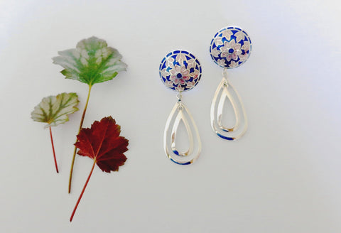 Gorgeous, dangle-drop earrings in blue and pink Nathdwara enamel