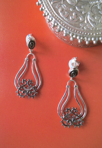 Gorgeous, dangle drop earrings with mehndi inspired black rhodium plated detailing - Lai