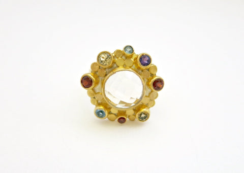 Gorgeous, faceted rock crystal and multi-color gemstones ring - Lai