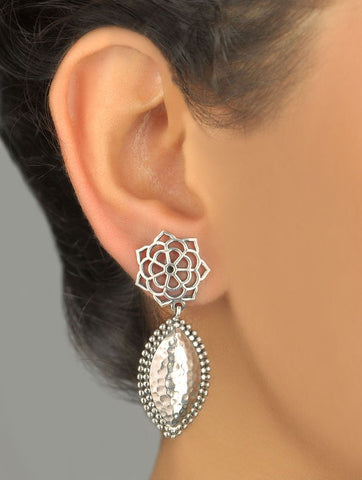 Gorgeous, floral top, navette shape dangling earrings with hammer finish - Lai