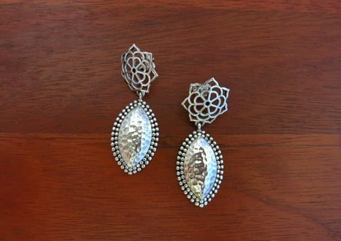 Gorgeous, floral top, navette shape dangling earrings with hammer finish