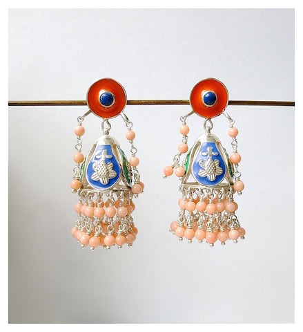 Gorgeous, Himachali enamel jhumka (chandelier earrings) with lapis & pink corals - Lai