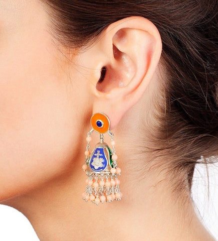 Gorgeous, Himachali enamel jhumka (chandelier earrings) with lapis & pink corals - Lai