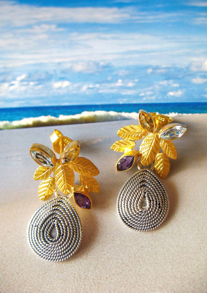 Gorgeous, multi-color gemstones, dual-tone leaf cluster earrings - Lai