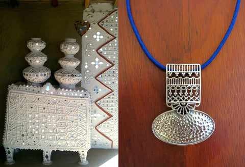 Graceful and artistic, Kutch-inspired, long pendant with hammer finish and intricate jali work - Lai