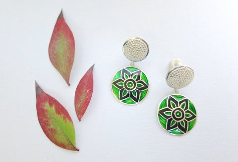Graceful, round dangle earrings in green and black Nathdwara enamel