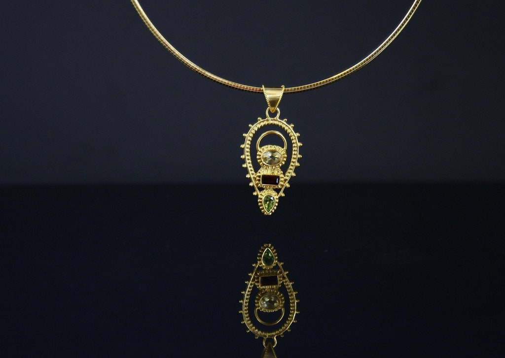 Grecian, drop shape, multi-color gemstones and granulation work pendant - Lai