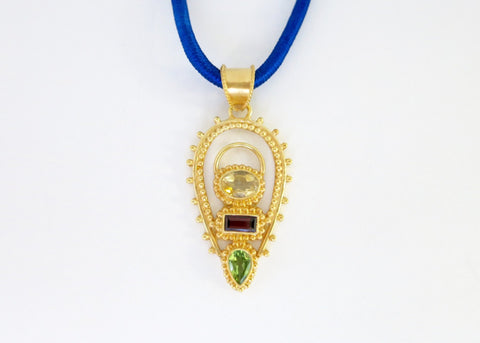 Grecian, drop shape, multi-color gemstones and granulation work pendant - Lai