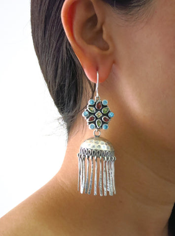 Head-turning, detachable, fringe jhumkas with multi-color gemstones tops - Lai