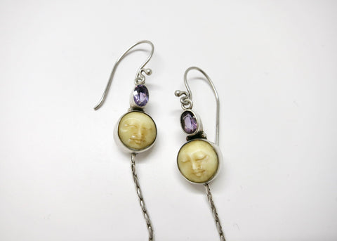Indonesian carved bone moon-face earrings with amethyst and peridot - Lai
