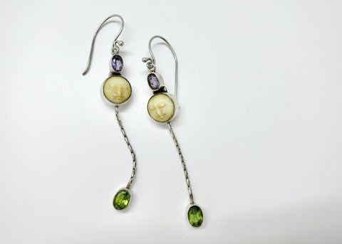 Indonesian carved bone moon-face earrings with amethyst and peridot