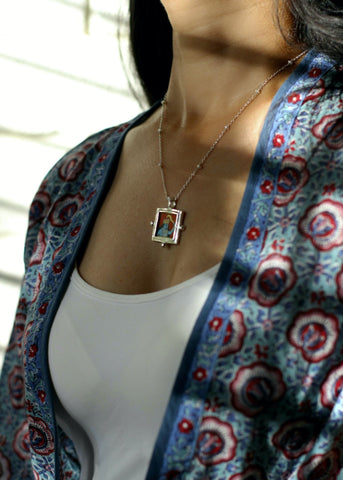 Kali (goddess) miniature painting pendant on a floating pearl chain - Lai