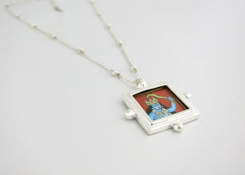 Kali (goddess) miniature painting pendant on a floating pearl chain - Lai