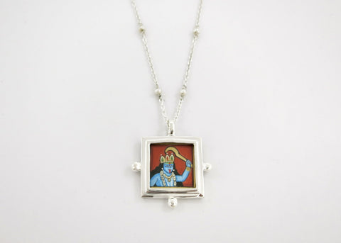 Kali (goddess) miniature painting pendant on a floating pearl chain