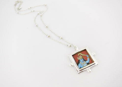 Kali (goddess) miniature painting pendant on a floating pearl chain - Lai