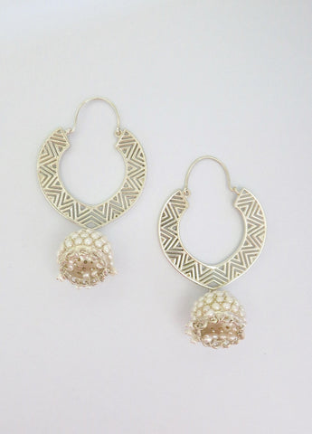 Large, chevron cut-out pattern chandelier earrings with 'jhumkis' - Lai