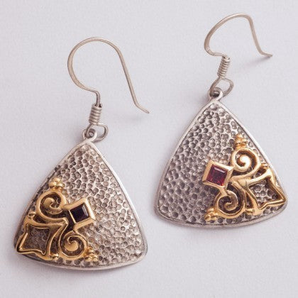 Elegant, triangular dangle earrings with garnet and gold plated detailing  Earrings Sterling silver handcrafted jewellery. 925 pure silver jewellery. Earrings, nose pins, rings, necklaces, cufflinks, pendants, jhumkas, gold plated, bidri, gemstone jewellery. Handmade in India, fair trade, artisan jewellery.