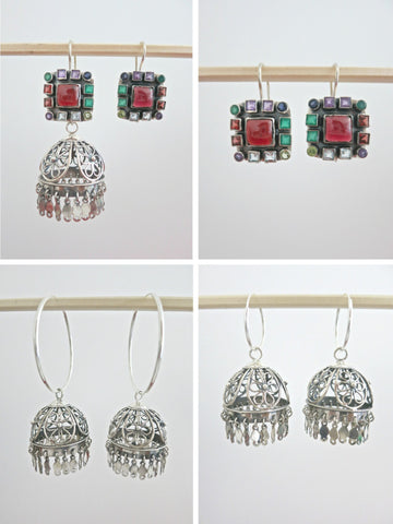 Magnificent, detachable, filigree jhumkas with square multi-color gemstone tops - Lai