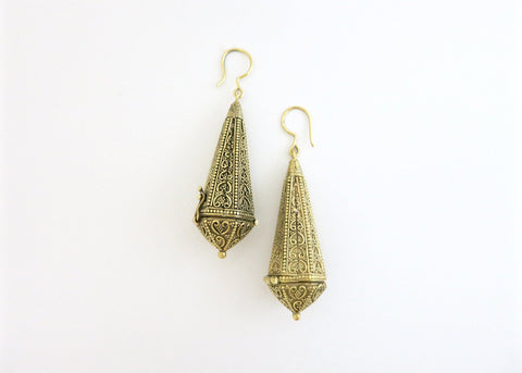Magnificent, long, gold-plated brass amuletic earrings