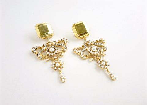 Magnificent, regal, gold plated, pearl encrusted statement earrings - Lai