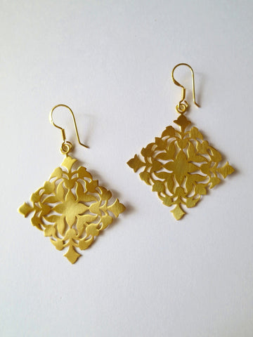 Minimalist, luxe, kite shape gold-plated cut work earrings in satin finish