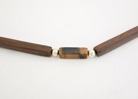 Minimalist wood, silver and tiger's eye necklace - Lai