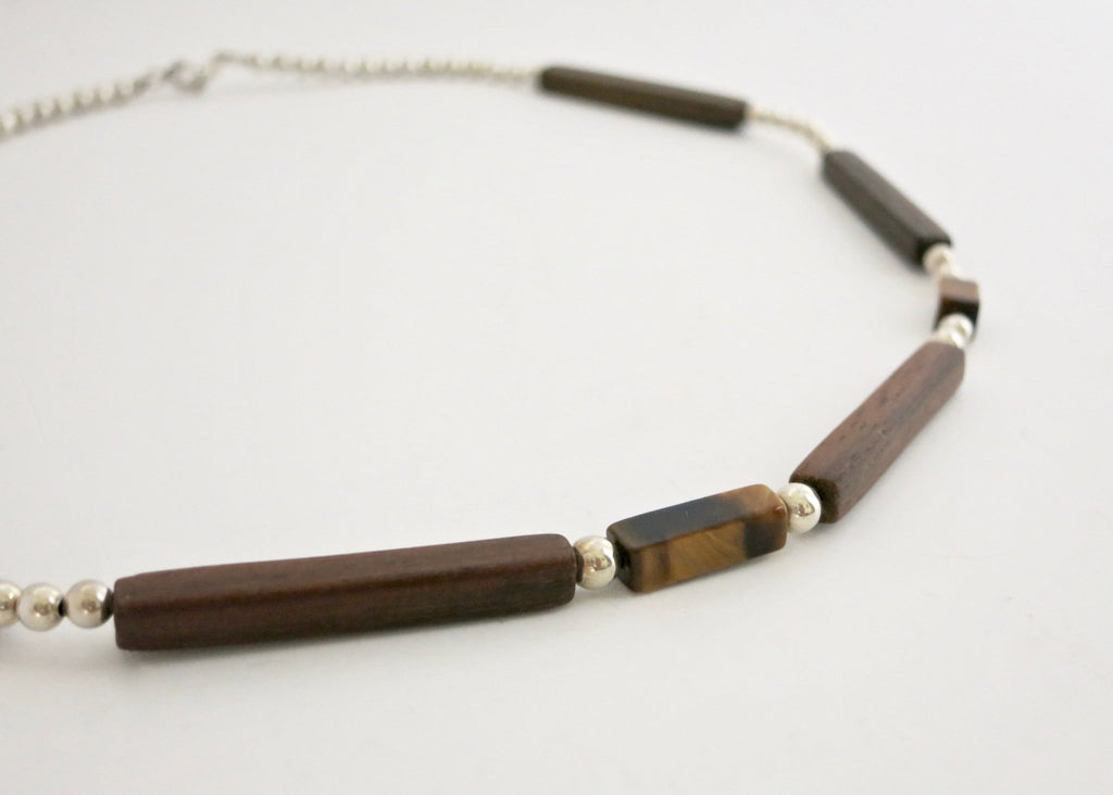 Minimalist wood, silver and tiger's eye necklace - Lai