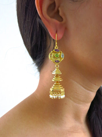 Modern, gold-plated, detachable, tiered jhumkas with multi-color gemstone tops - Lai