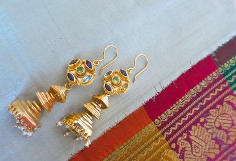 Modern, gold-plated, detachable, tiered jhumkas with multi-color gemstone tops