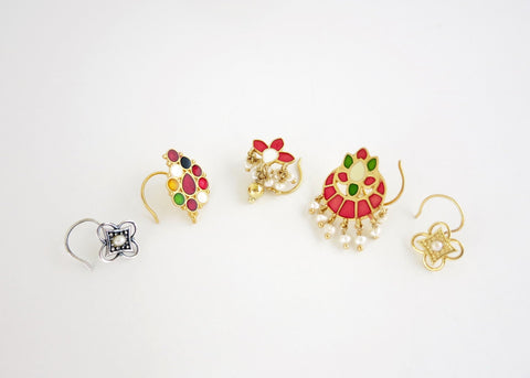 NEW! Dramatic, traditional Indian gold-plated, enamel nose pin with dangling pearls - Lai