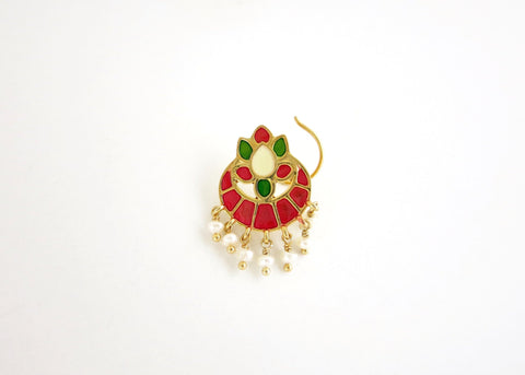 Dramatic, traditional Indian gold-plated, enamel nose pin with dangling pearls