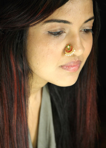 NEW! Dramatic, traditional Indian gold-plated, enamel nose pin with dangling pearls - Lai