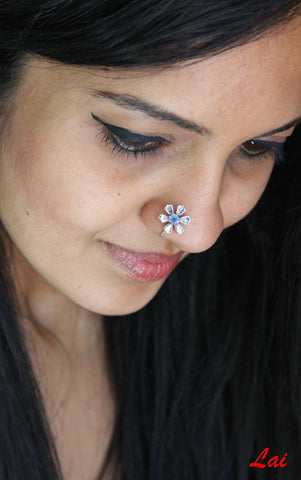 Not-shy, floral nose pin with a square blue stone - Lai