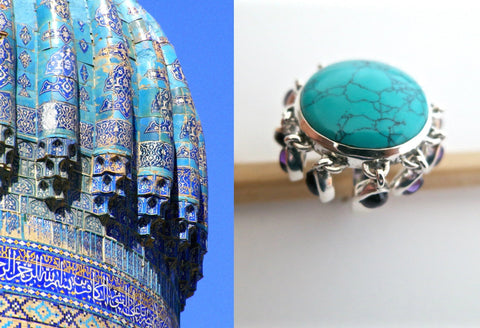 Playful and whimsical, Samarkand round turquoise ring with amethyst fringe