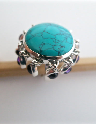 Playful and whimsical, Samarkand round turquoise ring with amethyst fringe - Lai