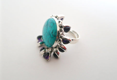 Playful and whimsical, Samarkand round turquoise ring with amethyst fringe - Lai