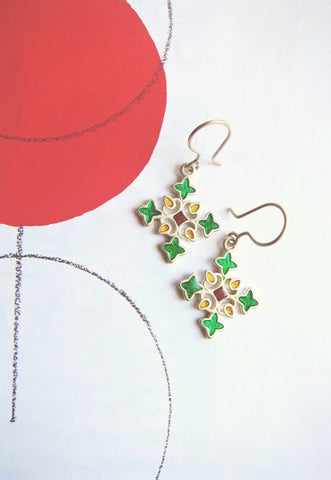 Playful, rangoli-inspired, cross motif enamel earrings
