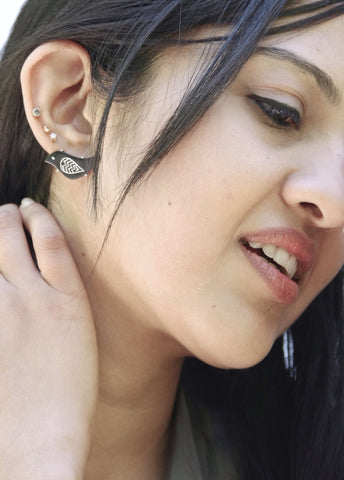Quirky, asymmetrical Bidri bird earrings - Lai