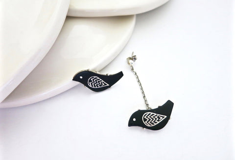 Quirky, asymmetrical, Mid-century mod Bidri bird earrings