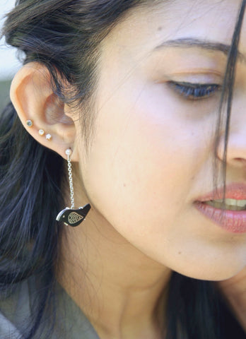 Quirky, asymmetrical Bidri bird earrings - Lai