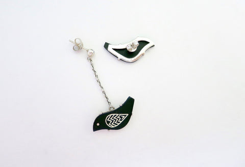 Quirky, asymmetrical Bidri bird earrings - Lai