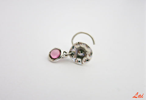 Quirky, hammer-finish, dangling pink-stone nose pin