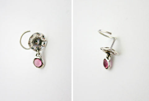 Quirky, hammer-finish, dangling pink-stone nose pin - Lai